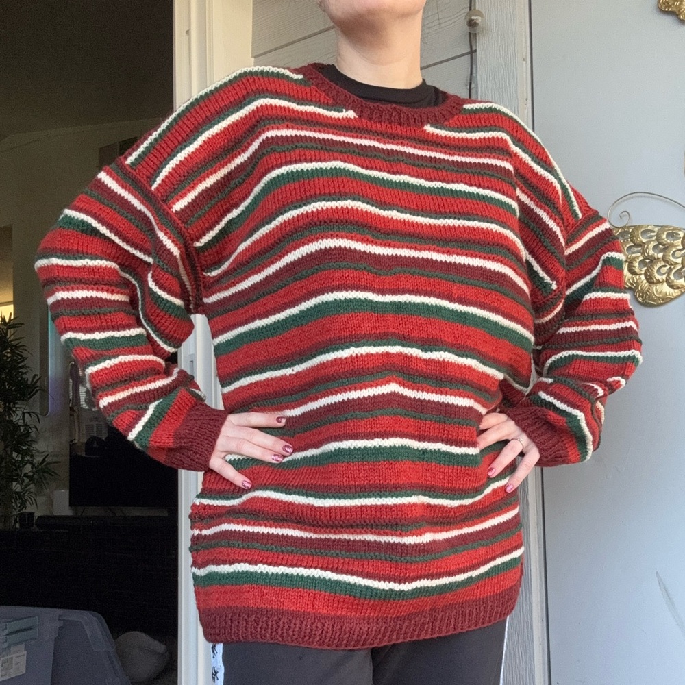 Handmade Crochet Striped Crew Neck Sweater